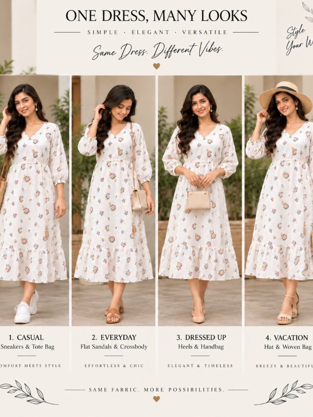 White Floral Print Boho Midi Dress w/ Tassel Tie